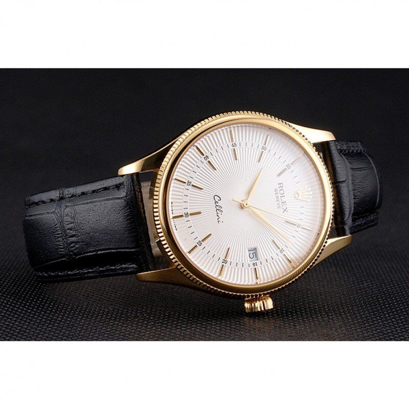 Swiss Rolex Cellini Date White Dial Gold Case Black Leather Strap