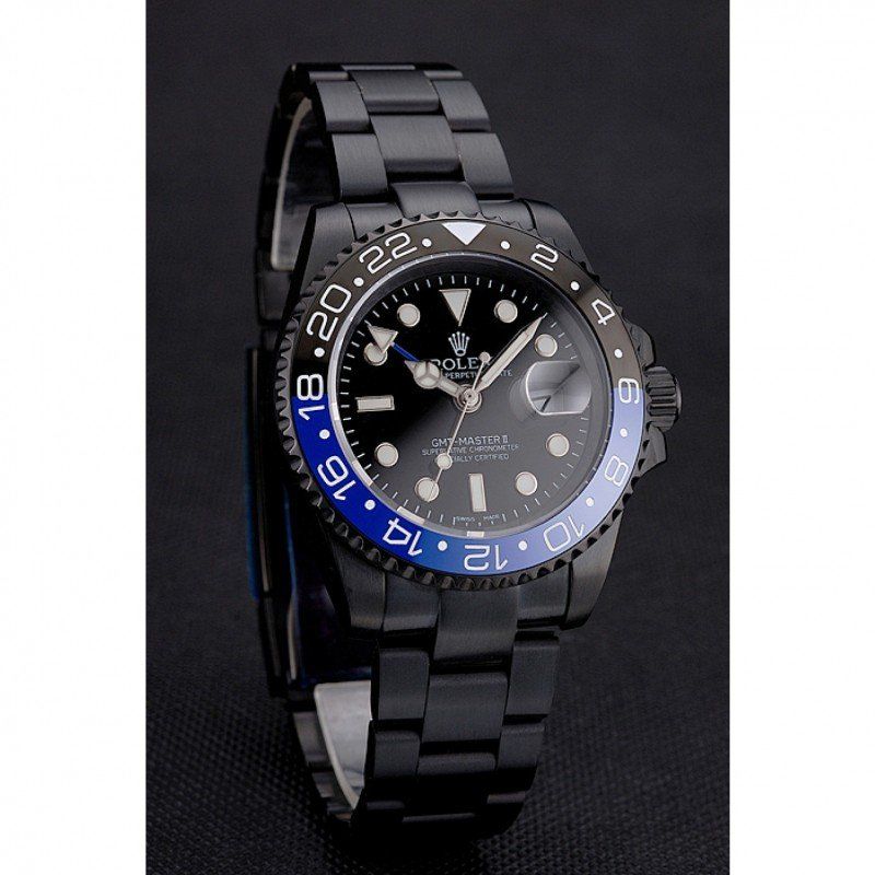 Swiss Rolex GMT Master II Black Dial Blue And Black Bezel Black PVD Case And Bracelet PR18239