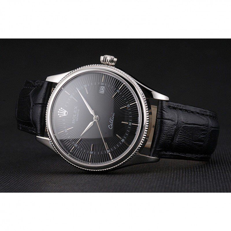 Swiss Rolex Cellini Date Black Dial Stainless Steel Case Black Leather Strap