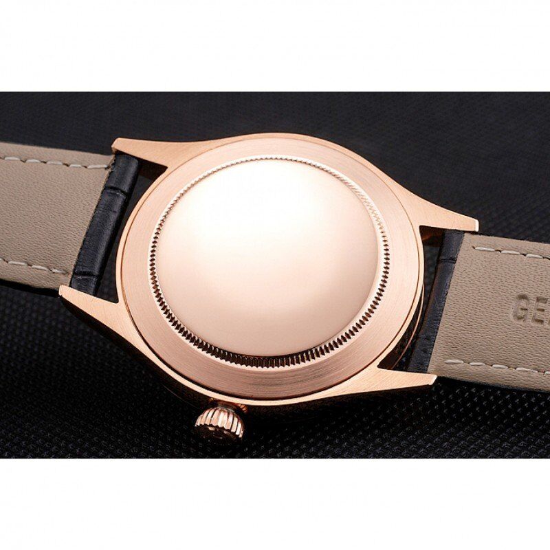 Swiss Rolex Cellini Date Black Dial Rose Gold Markings Rose Gold Case Black Leather Strap