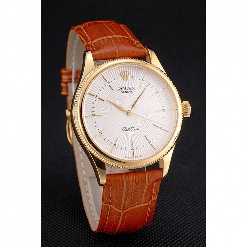 Swiss Rolex Cellini White Guilloche Dial Gold Case Light Brown Leather Strap