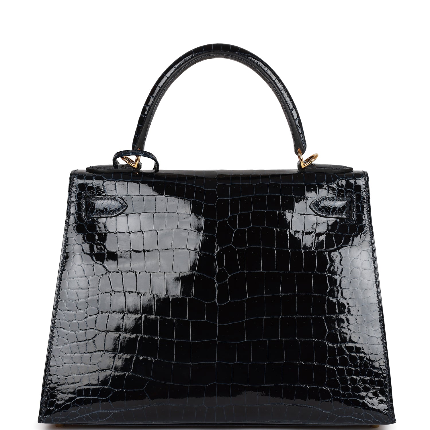 Hermès Kelly Sellier 28 Bleu Baltique Shiny Porosus Crocodile Gold Hardware