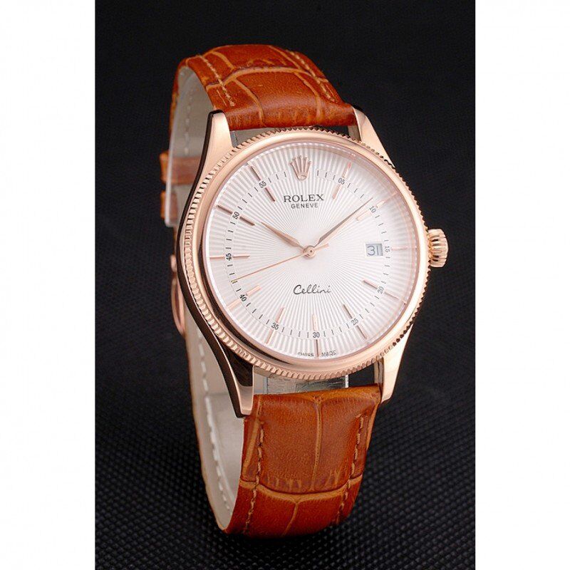 Swiss Rolex Cellini Date White Dial Rose Gold Case Brown Leather Strap