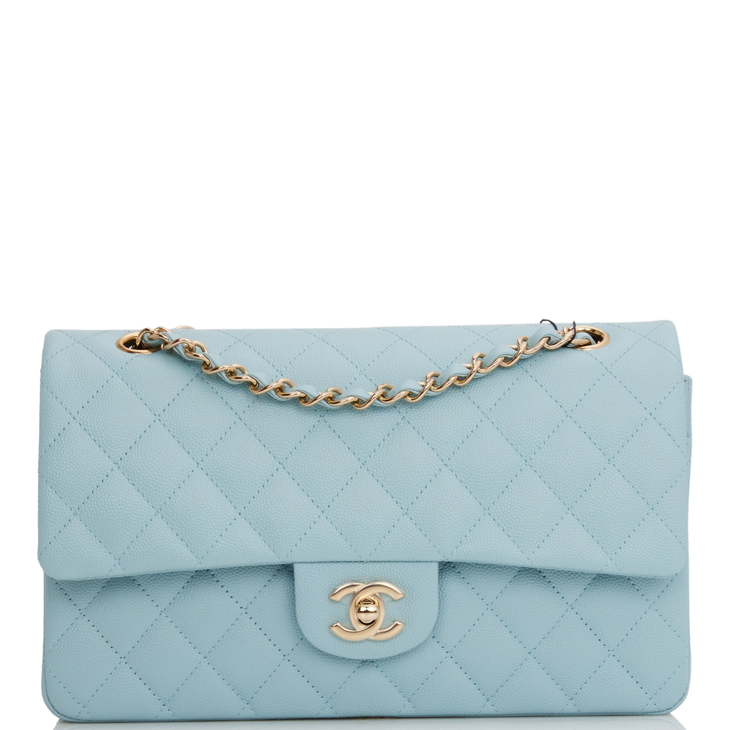 Medium Classic Double Flap Bag Blue Quilted Caviar Light Gold Hardware