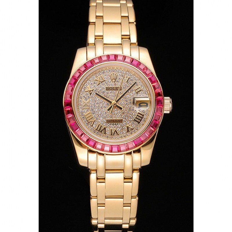 Rolex Datejust Diamond Dial Pink Jewels Bezel Gold Case And Bracelet 622835