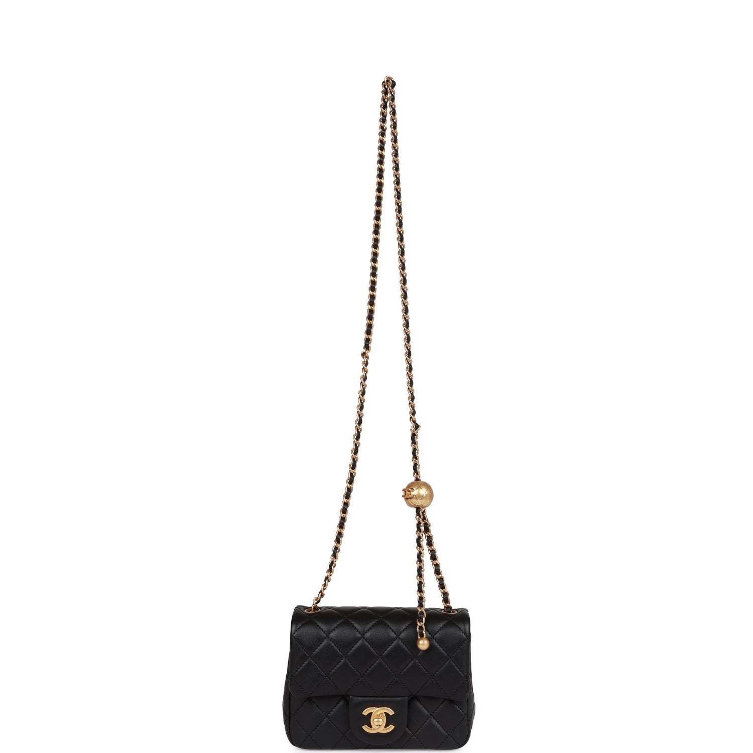CC Pearl Crush Mini Square Flap Bag Black Lambskin Antique Gold Hardware
