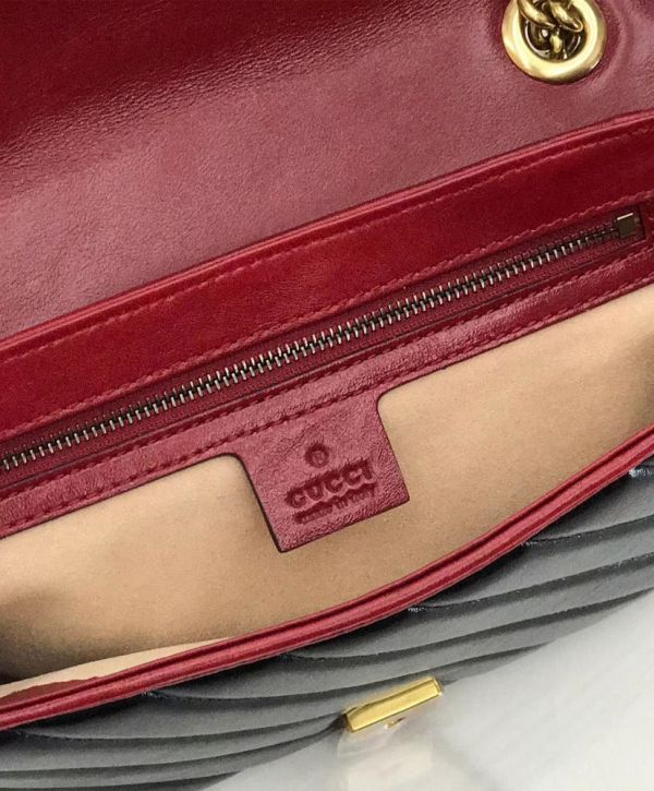 Gucci GG Marmont Red Trimming Twisted Brass Logo Buckle Chain Strap Women Diagonal Design Fashion Black Matelasse Leather Flap Bag