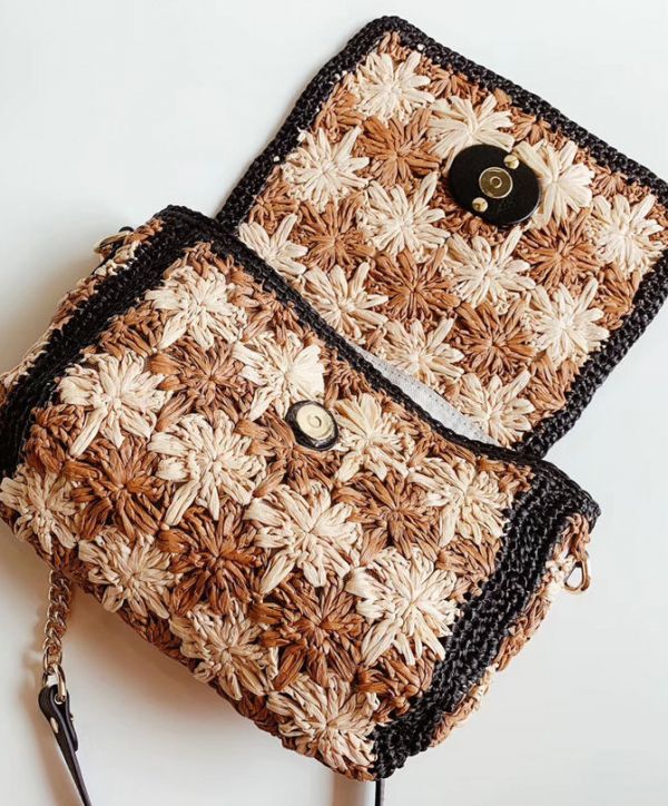 Gucci GG Marmont Crochet Flower Pattern Gold Logo Buckle Women Beige & Camel Viscose Raffia Flap Crossbody Bag