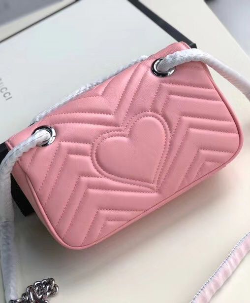 Gucci GG Marmont Silver GG Logo Buckle Back Heart Pattern Chain Shoulder Strap Pink Matelasse Chevron Leather Mini Bag