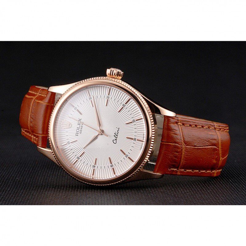 Swiss Rolex Cellini White Dial Rose Gold Case Brown Leather Strap