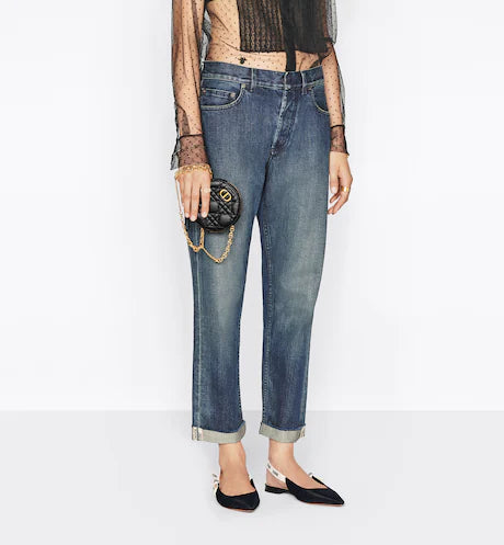 DIOR CARO ROUND POUCH WITH CHAIN Black Supple Cannage Calfskin