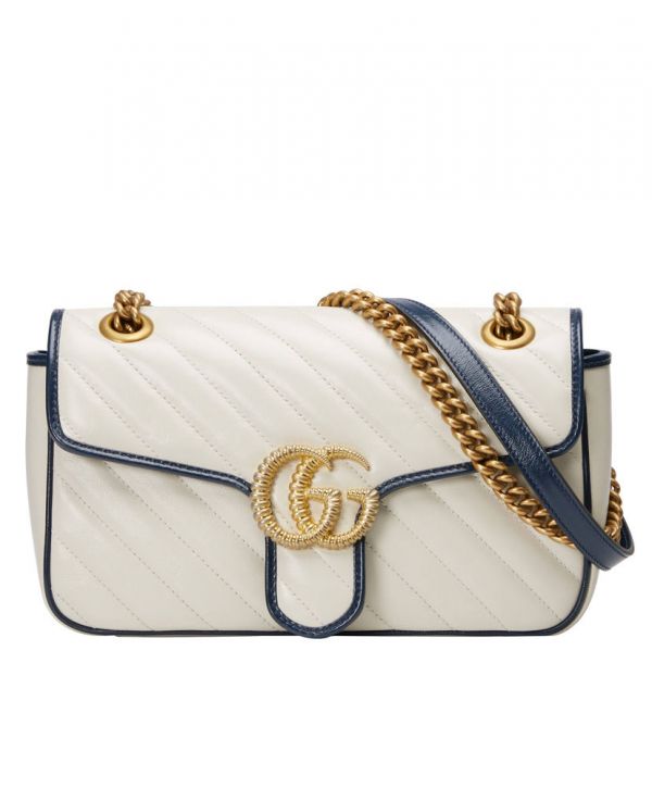 Gucci GG Marmont White Striped Quilted Leather Navy Trimming Brass Buckle & Shoulder Strap Women Cheapest Small Flap Crossbody Bag