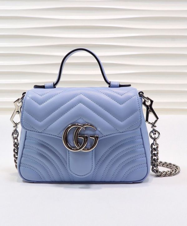 Gucci GG Marmont Mini Single Top Handle Shiny Silver GG Logo Buckle Waved Stripe Motif Light Blue Leather Shoulder Bag UK