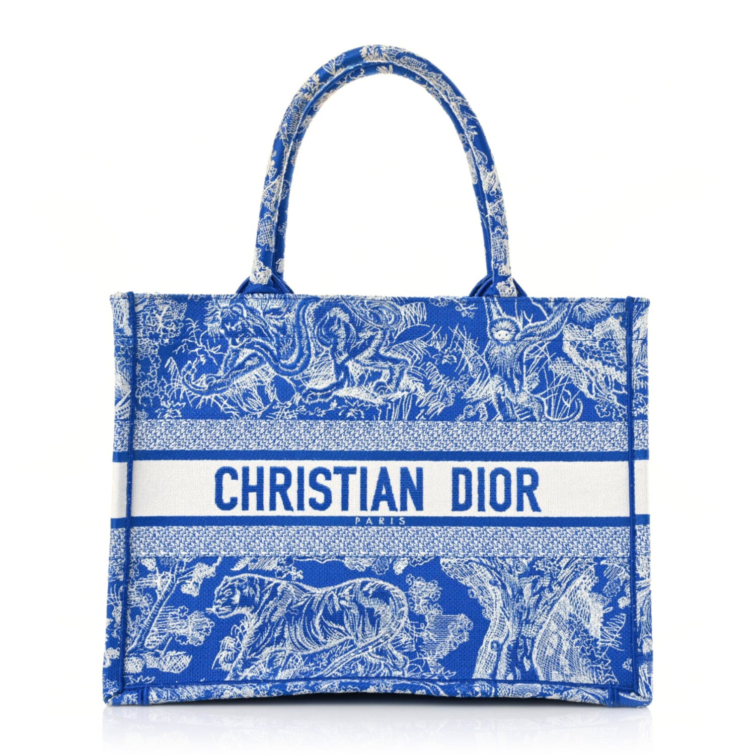 CHRISTIAN DIOR Canvas Embroidered Medium Dioriviera Toile De Jouy Book Tote Fluorescent Blue