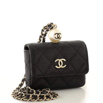 Chanel CC Pearl Coin Card Holder with Chain Quilted Caviar