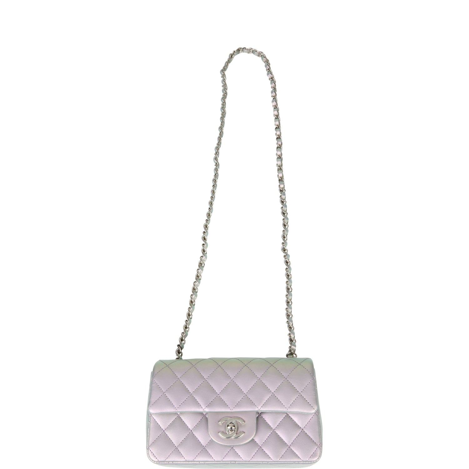 PEARL CRUSH MINI RECTANGULAR FLAP BAG LIGHT GREY LAMBSKIN ANTIQUE GOLD HARDWARE