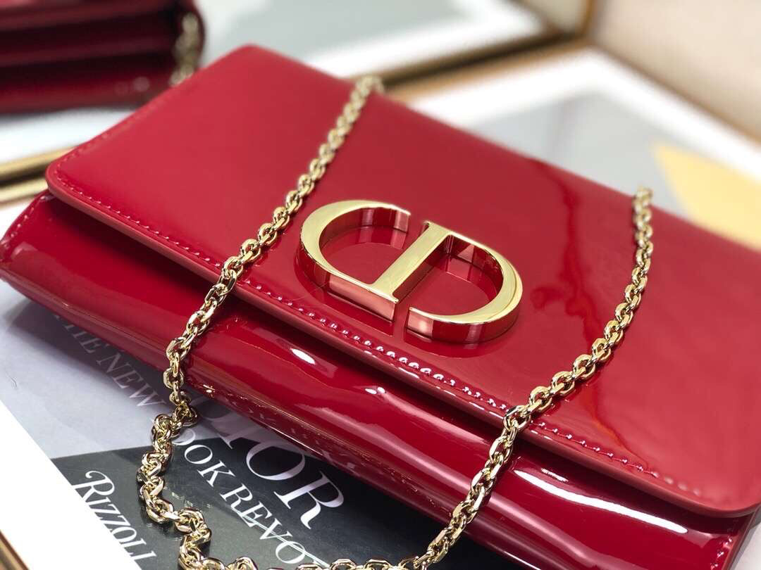 Dior 30 Montaigne Wallet On Chain In Red Patent Calfskin