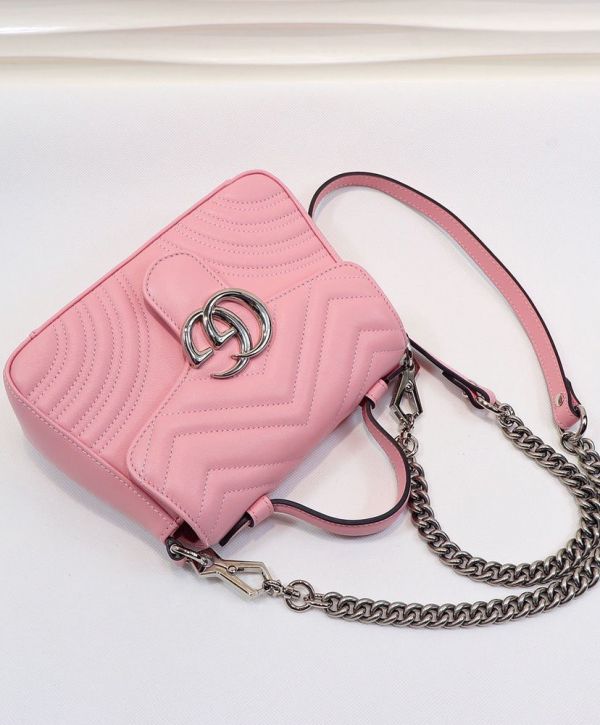 Gucci GG Marmont Silver Chain Shoulder Strap GG Logo Flap Female Pink Quilted Leather Single Top Handle Bag 2022 Price