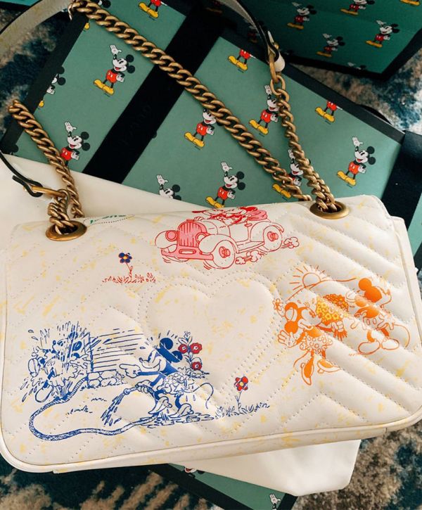 Gucci GG Marmont Disney x Colorful Mickey & Minnie Mouse Printing Brass Logo Buckle 2022 Female New Chain Flap Handbag Cream
