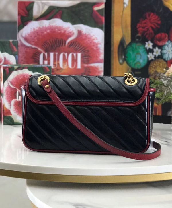 Gucci GG Marmont Red Trimming Twisted Brass Logo Buckle Chain Strap Women Diagonal Design Fashion Black Matelasse Leather Flap Bag