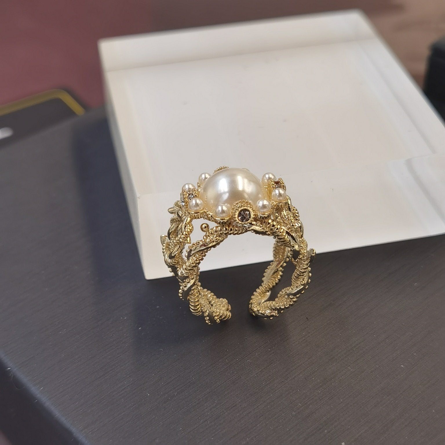 Luxury Carved Textured Pearl Open Ring