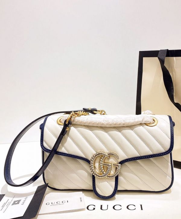 Gucci GG Marmont White Striped Quilted Leather Navy Trimming Brass Buckle & Shoulder Strap Women Cheapest Small Flap Crossbody Bag