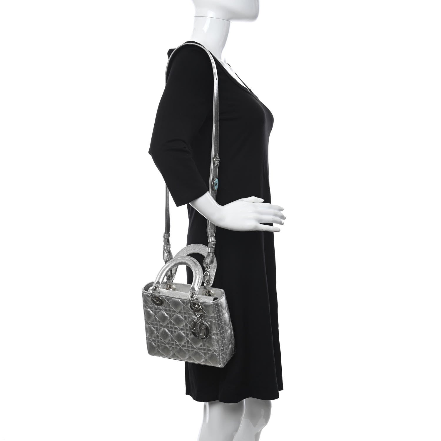 CHRISTIAN DIOR Metallic Grained Calfskin Cannage Small My Lady Dior Silver