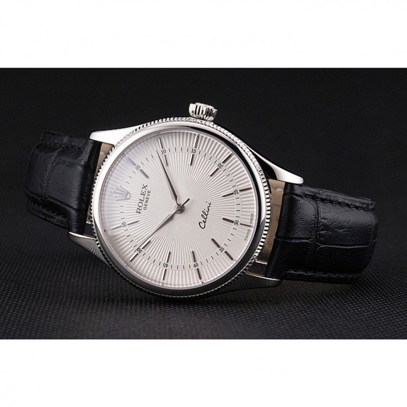 Swiss Rolex Cellini White Guilloche Dial Stainless Steel Case Black Leather Strap