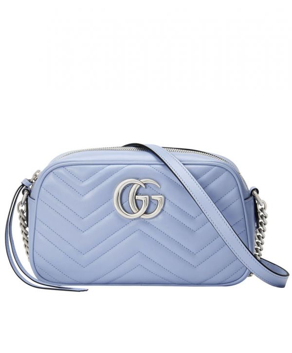 Gucci GG Marmont Small Light Blue Chevron Quilted Leather Silver Logo Signature Women Fashion Chain Crossbody Bag