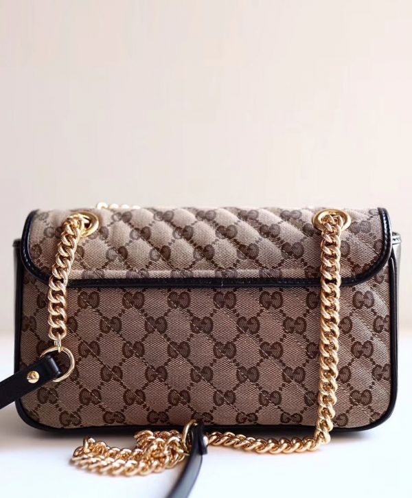 Gucci GG Marmont Logo Pattern Double G Magnetic Buckle Apricot Canvas & Black Leather Female Shiny Golden Chain Handbag 443497 HVKEG 9772