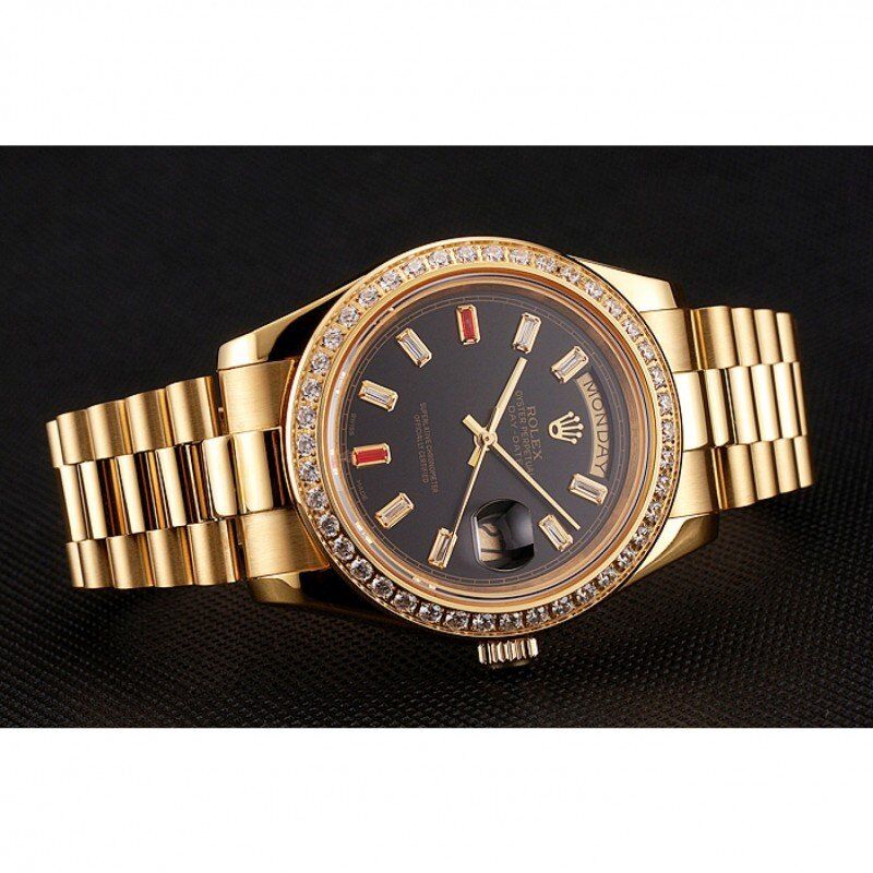 Swiss Rolex Day-Date Diamonds And Rubies Black Dial Yellow Gold Bracelet 1454101