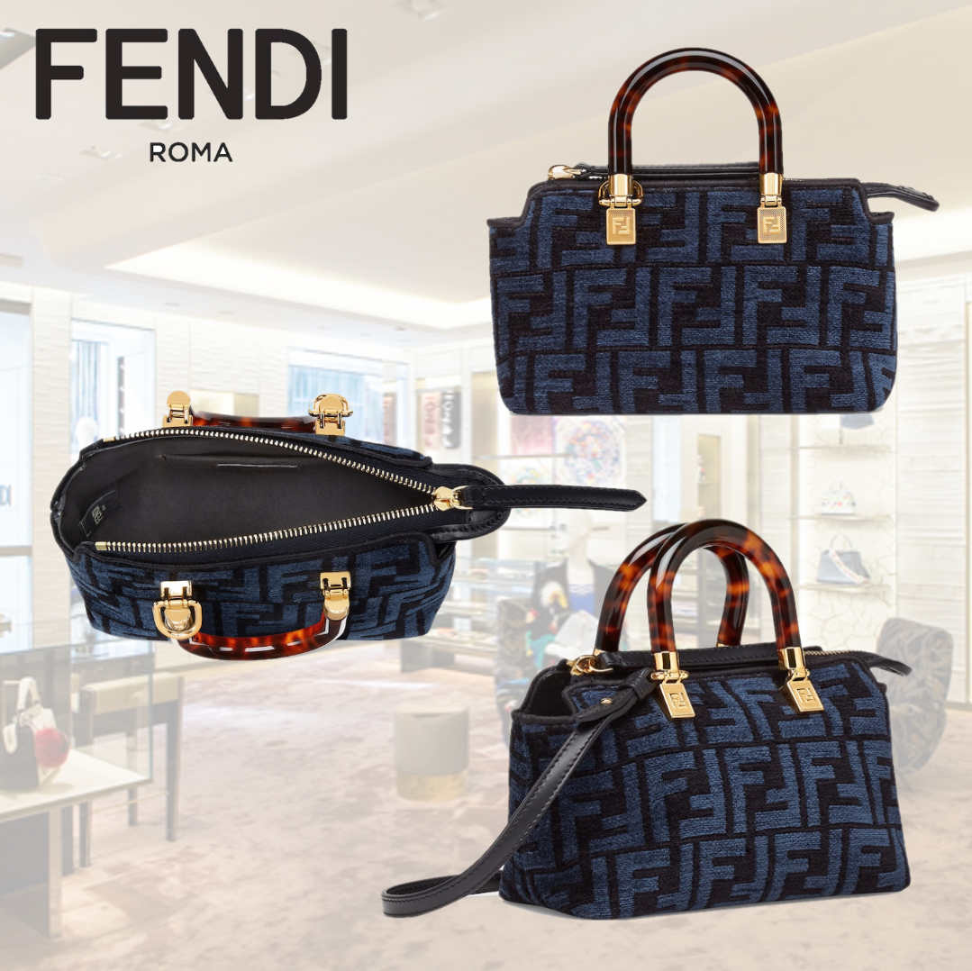 Fendi By The Way Mini Boston Bag in Blue Tapestry Fabric