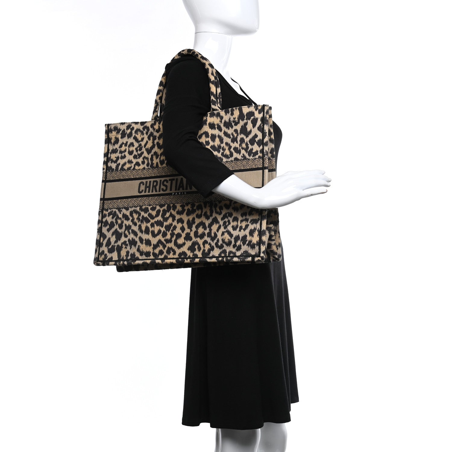 CHRISTIAN DIOR Canvas Mizza Embroidered Large Leopard Book Tote Beige