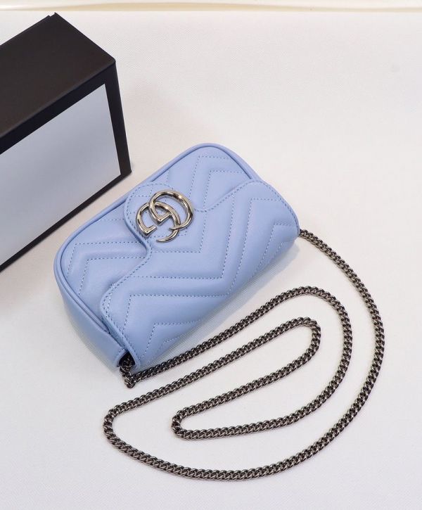 Gucci GG Marmont Silver Logo Magnetic Buckle Light Blue Super Mini Chain Bag Women Fashion Chevron Design Crossbody Bag