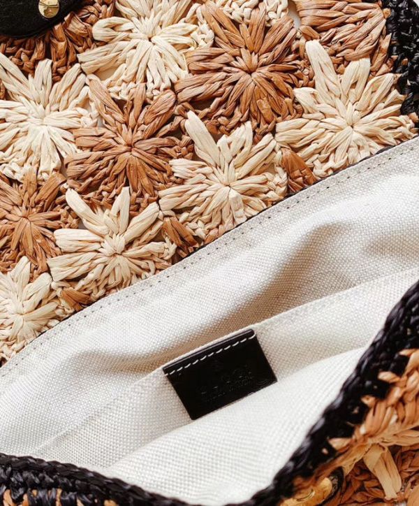 Gucci GG Marmont Crochet Flower Pattern Gold Logo Buckle Women Beige & Camel Viscose Raffia Flap Crossbody Bag