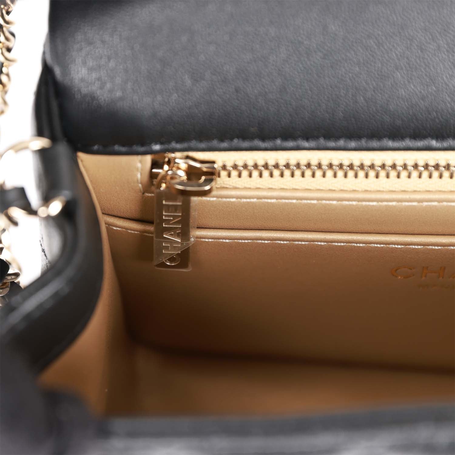 Pearl Crush Mini Square Flap Bag Black Lambskin Light Gold Hardware