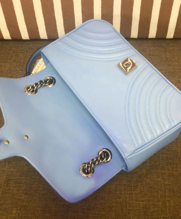 Gucci GG Marmont Silver GG Logo Buckle Chain Shoulder Strap Small Light Blue Quilted Leather Shoulder Bag For Ladies USA