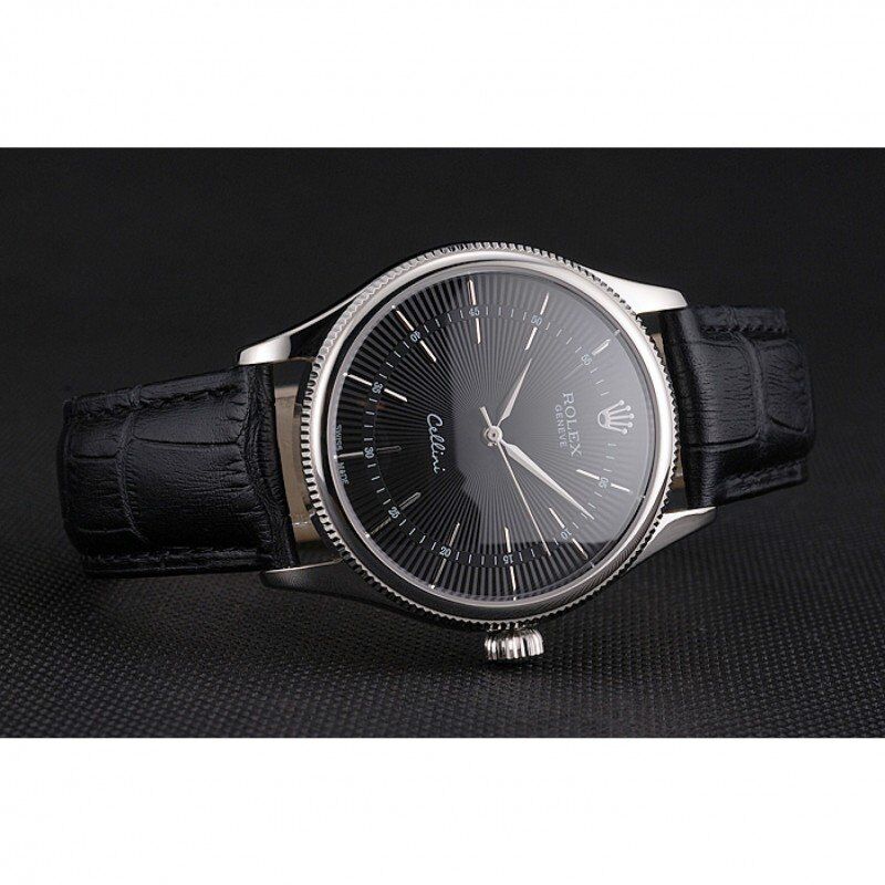 Swiss Rolex Cellini Black Dial Steel Case Black Leather Strap