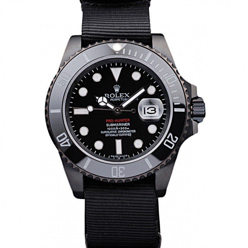 Swiss Rolex Submariner Pro-Hunter Black Fabric Strap Black Dial