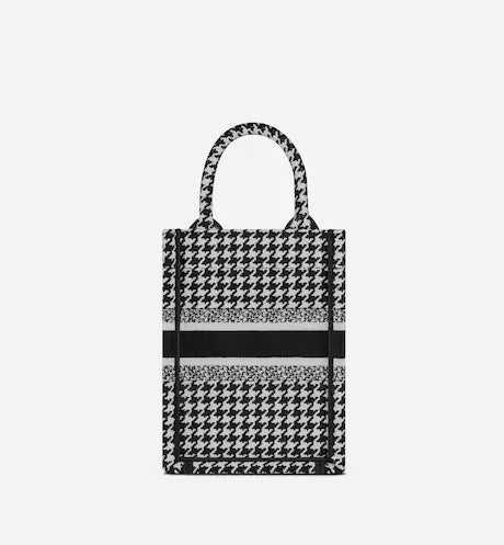 MINI DIOR BOOK TOTE PHONE BAG Black and White Micro Houndstooth Embroidery (13 x 18 x 5 cm)