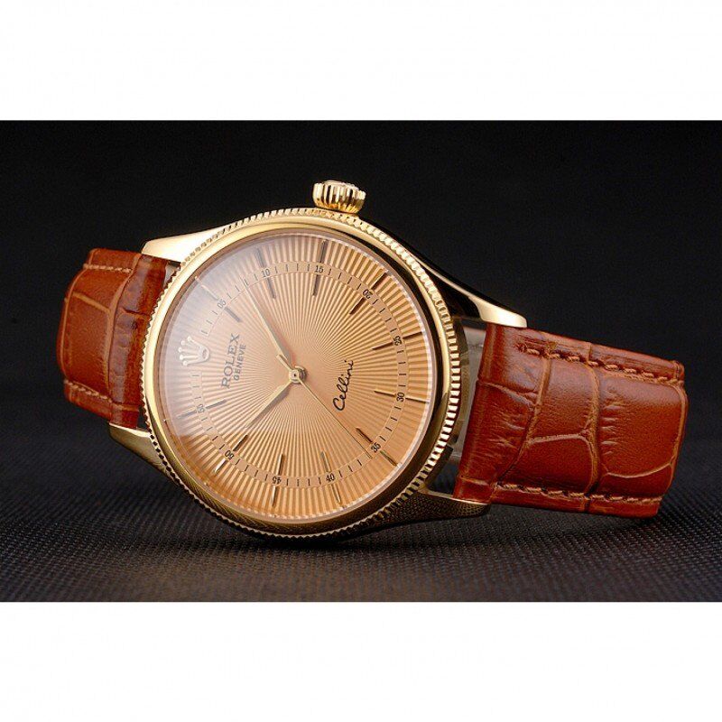 Swiss Rolex Cellini Gold Dial And Markings Gold Case Light Brown Leather Strap