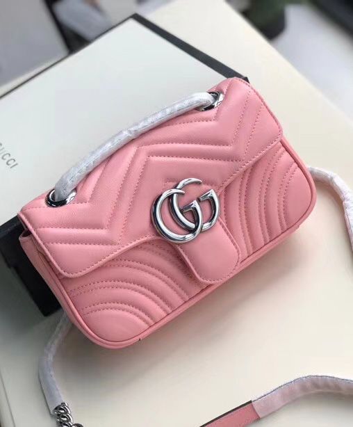 Gucci GG Marmont Silver GG Logo Buckle Back Heart Pattern Chain Shoulder Strap Pink Matelasse Chevron Leather Mini Bag
