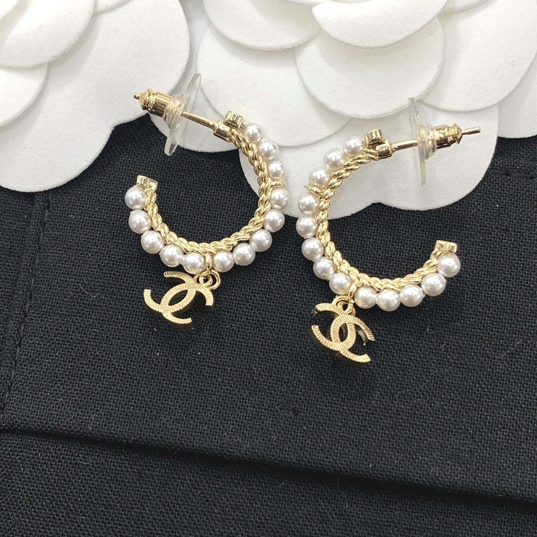 Elegant Pearl Double C Pendant Earrings