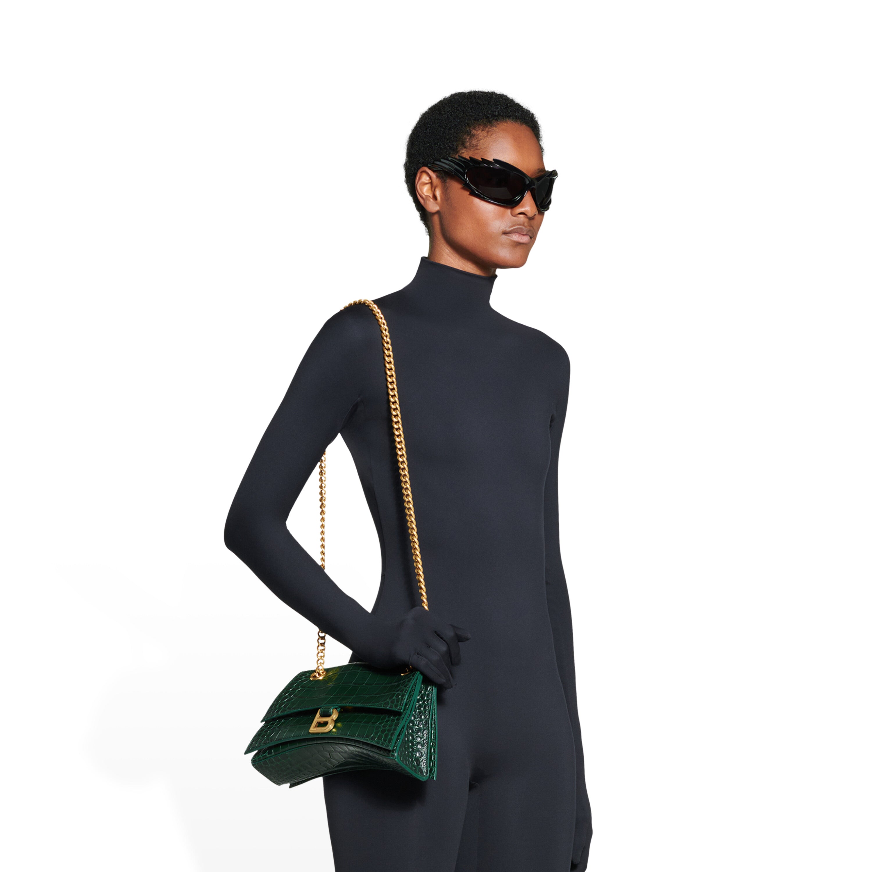 WOMEN'S CRUSH SMALL CHAIN BAG CROCODILE EMBOSSED IN FOREST GREEN