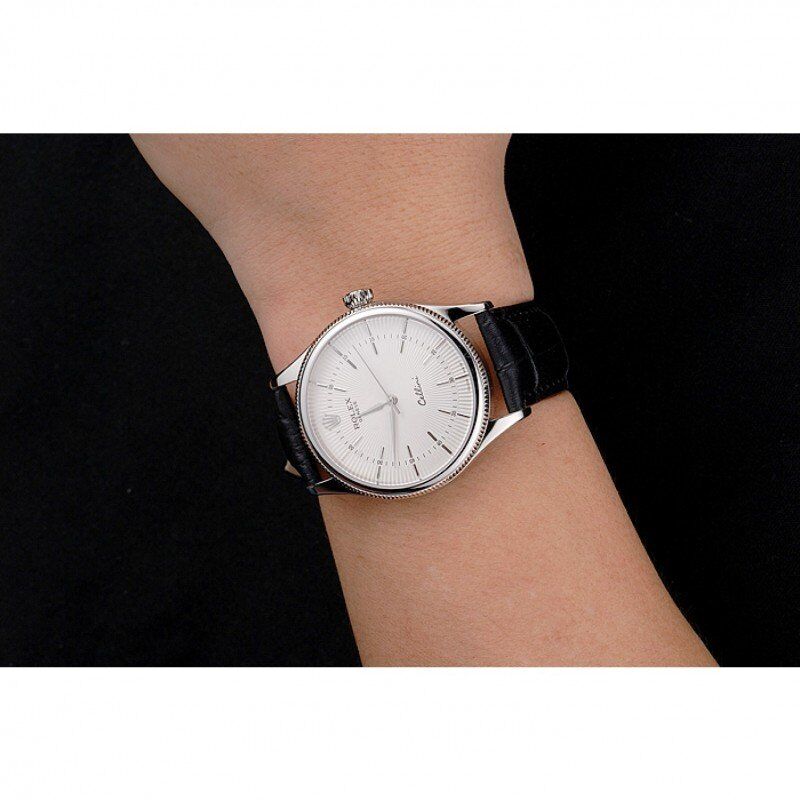Swiss Rolex Cellini White Guilloche Dial Stainless Steel Case Black Leather Strap