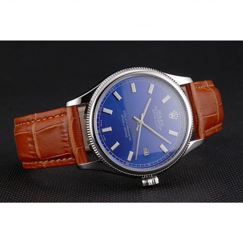 Rolex Datejust Blue Dial Stainless Steel Case Light Brown Leather Strap
