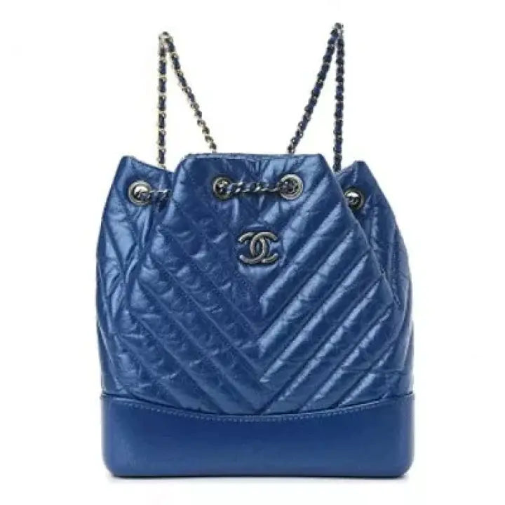 Iridescent Aged Calfskin Chevron Quilted Small Gabrielle Backpack Blue