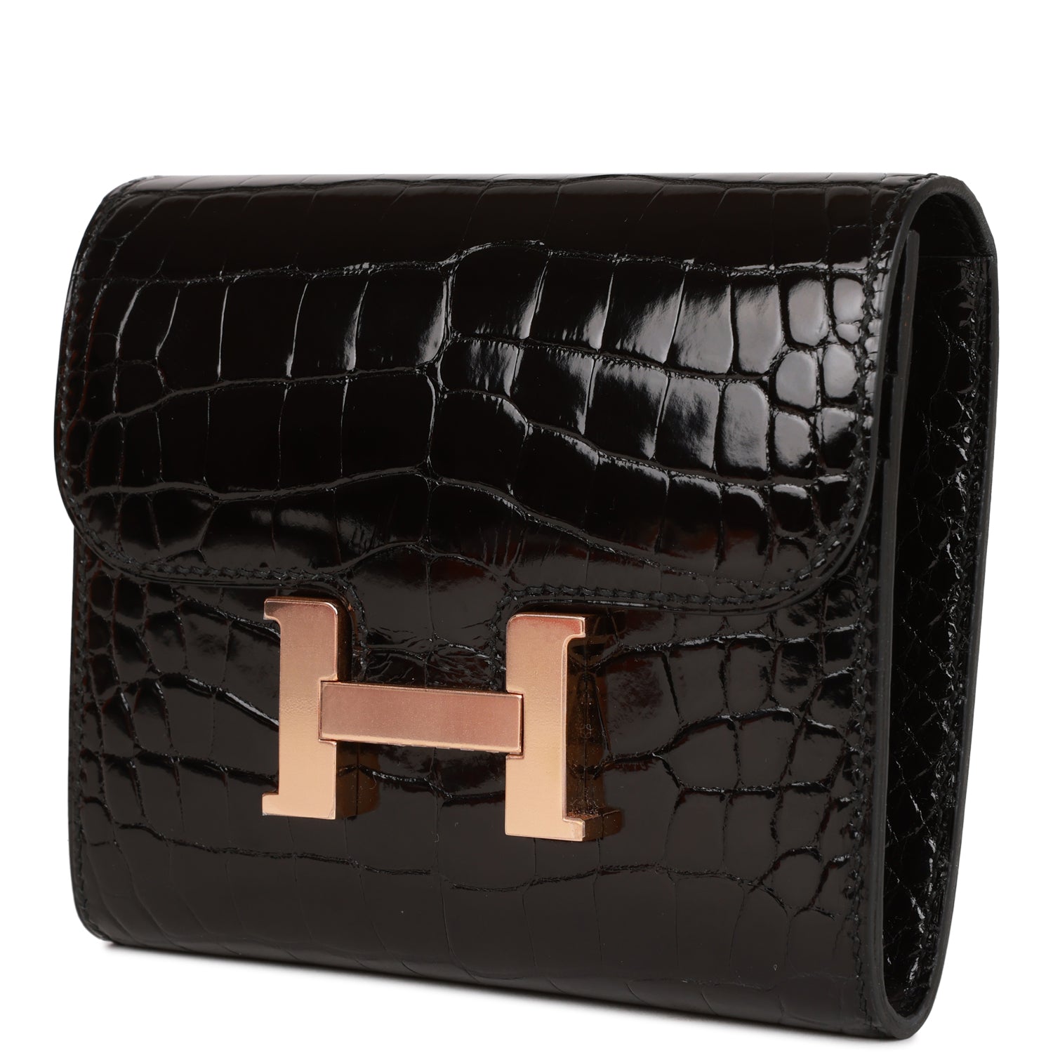 Hermès Constance Compact Wallet Black Shiny Alligator Rose Gold Hardware