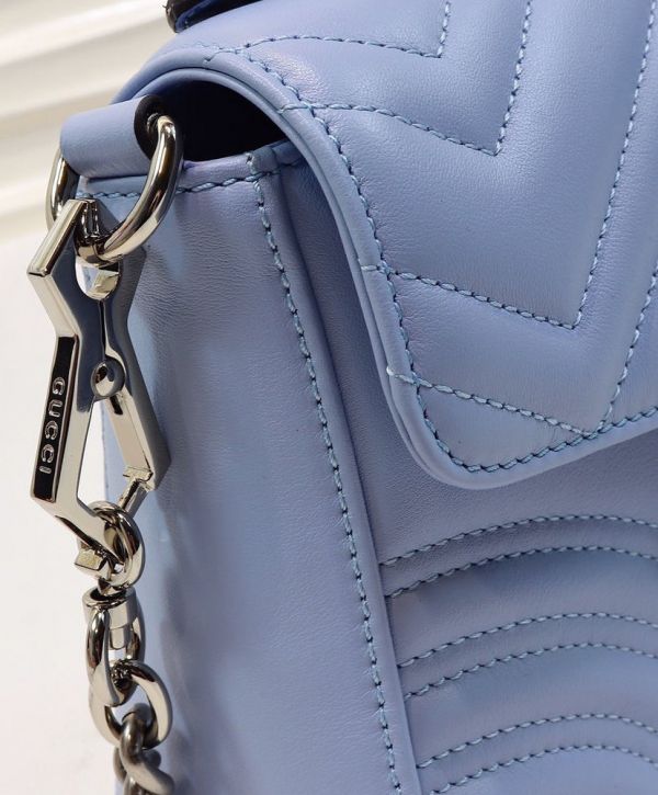Gucci GG Marmont Mini Single Top Handle Shiny Silver GG Logo Buckle Waved Stripe Motif Light Blue Leather Shoulder Bag UK