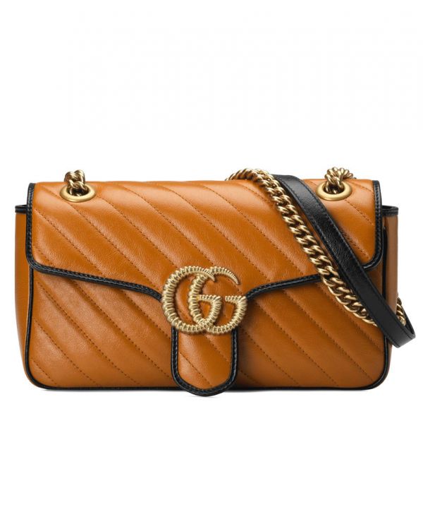 Gucci GG Marmont Small Tan Diagonal Matelasse Flap Bag Women Fashion Black Trimming Brass Logo Buckle Chain Bag 26CM